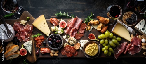 Overhead shot of charcuterie, cheese, wine with space for text. Mediterranean antipasti or tapas, shot from above with olives and salmon sandwiches. Deli food. photo