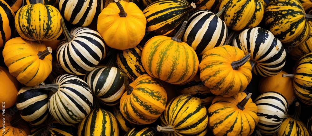 Numerous striped Carnival squashes