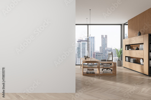 White and wooden CEO office interior with blank wall © ImageFlow
