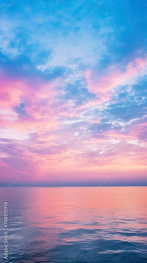 Pastel or pink sky at sunset, soft clouds, reslection in the sea water, phone wallpaper, aesthetic background for Instagram stories and reels 