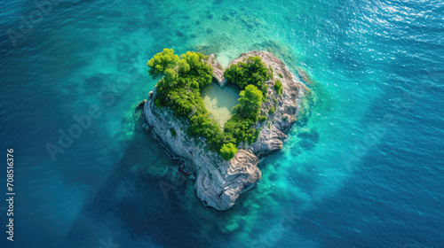 Idyllic Heart-Shaped Island with Lush Greenery and Crystal-Clear Lagoon from Above photo