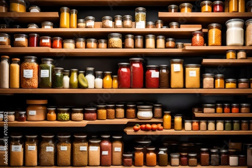 A well-stocked pantry with neatly organized shelves displaying various cooking ingredients. photo