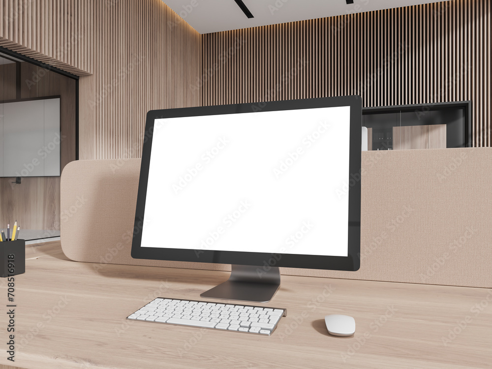 Fototapeta premium Stylish wooden office interior with pc computer mockup screen on table
