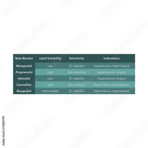 Table showing Beta blocker drugs selectivity,  indications and lipid solubility. Pharmacological information, hypertension, heart failure and angina treatment.