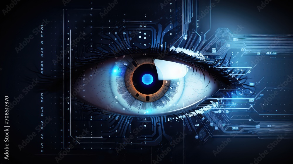 Close-up of human eye with digital binary code.