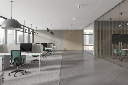Gray and beige open space office interior photo