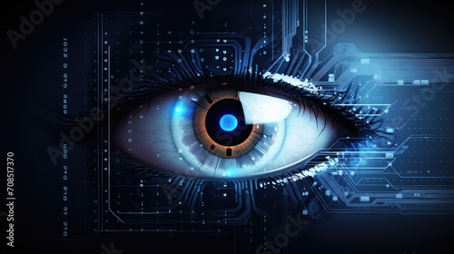 Close-up of human eye with digital binary code.