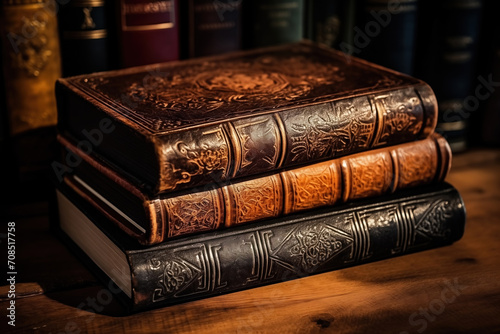 Vintage books with decorated leather covers, selective focus.