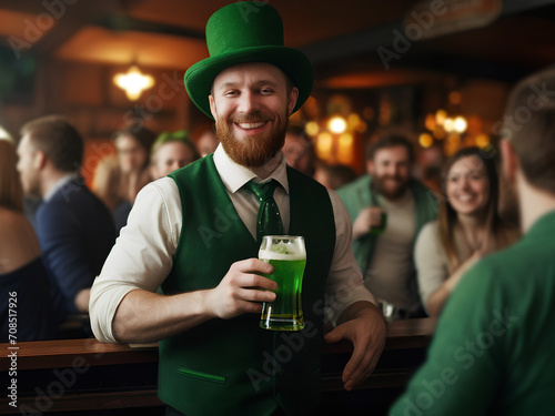 Bearded man celebrating Saint Patrick's Day in a pub with green beer, dressed in green, happy, funny, smiling, festive