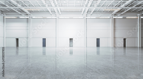 Empty warehouse interior with doors in row, indutrial loft with concrete floor