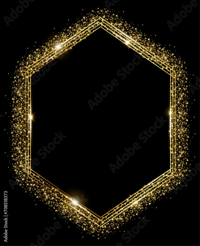 Vector template of shining gold frame, background with glitter for Christmas celebration party, New Year card, wedding, bachelorette party, baby shower party, logo, casino, birthday.