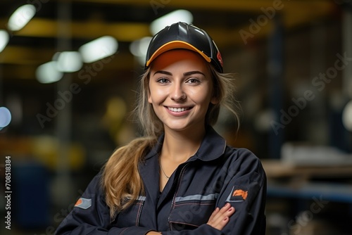Portrait of a young female engineer wearing a hard hat and safety glasses in a factory