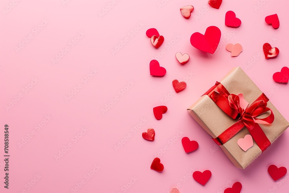 Gift box with a Valentine's theme with love scattered on a pink background Gift box with a Valentine's theme with love scattered on a pink background