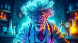 Mad scientist with crazy white hair in his scientific lab. Postproducted generative AI illustration.
