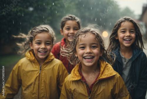 Kids having fun on the rain. AI generated