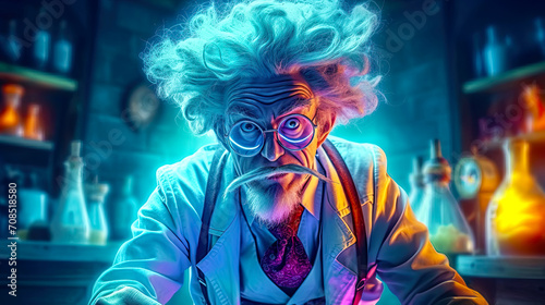 Mad scientist with crazy white hair in his scientific lab. Postproducted generative AI illustration. photo
