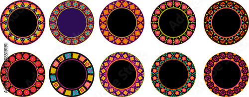 Set of decorative round mandalas in traditional mexican style with copy space. Day of the dead theme vector