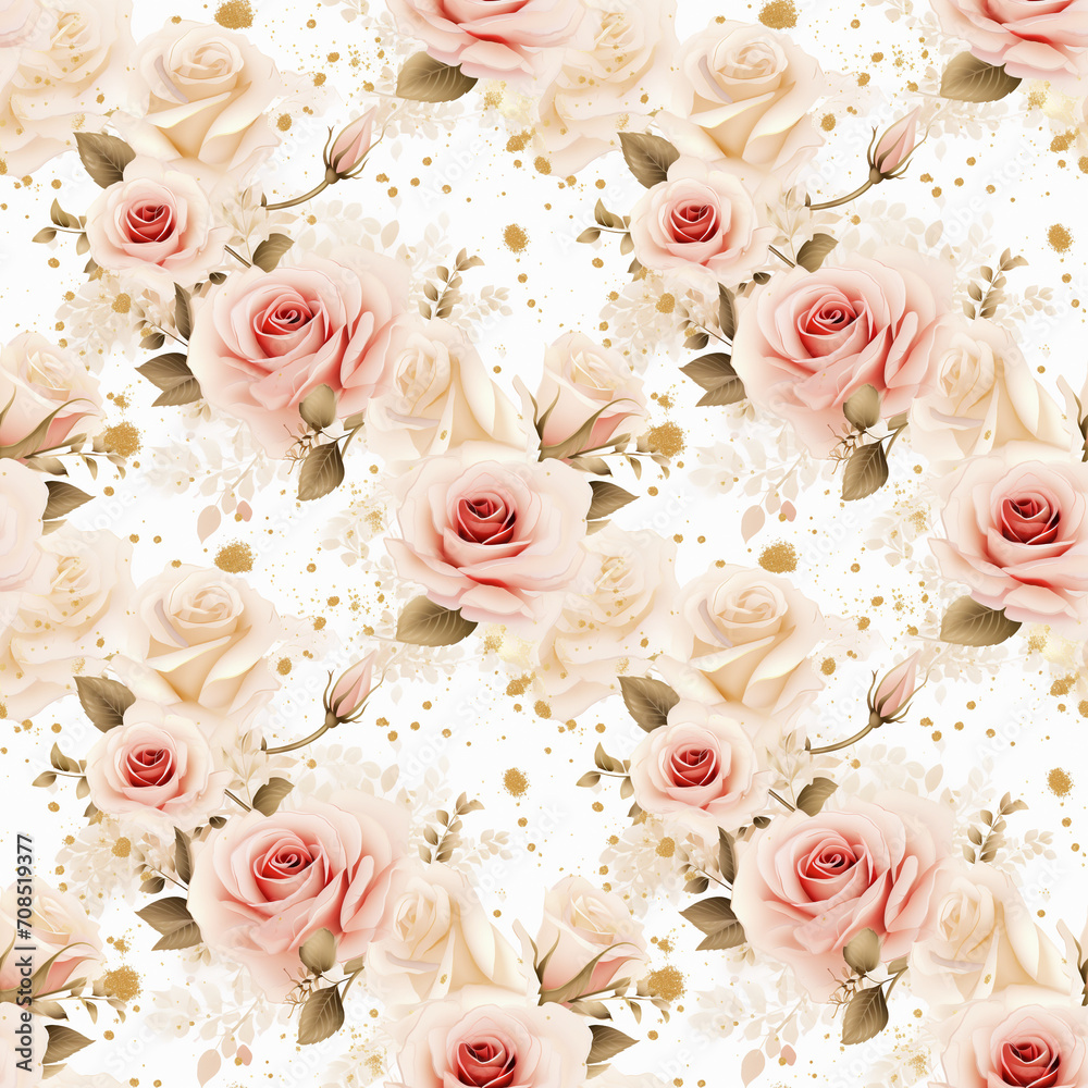 Fototapeta Roses & Gold Glitters seamless pattern. Gift wrapping, wallpaper, background. Wedding or Valentine's day concept