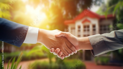 Photo of shaking hands agreeing to hand over the keys in the real estate property business with a house in the background