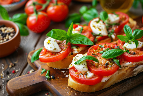 Bruschetta with tomatoes, mozzarella and basil on a wooden background