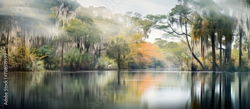 Florida landscape with pond and trees, blurred motion in trees and water.