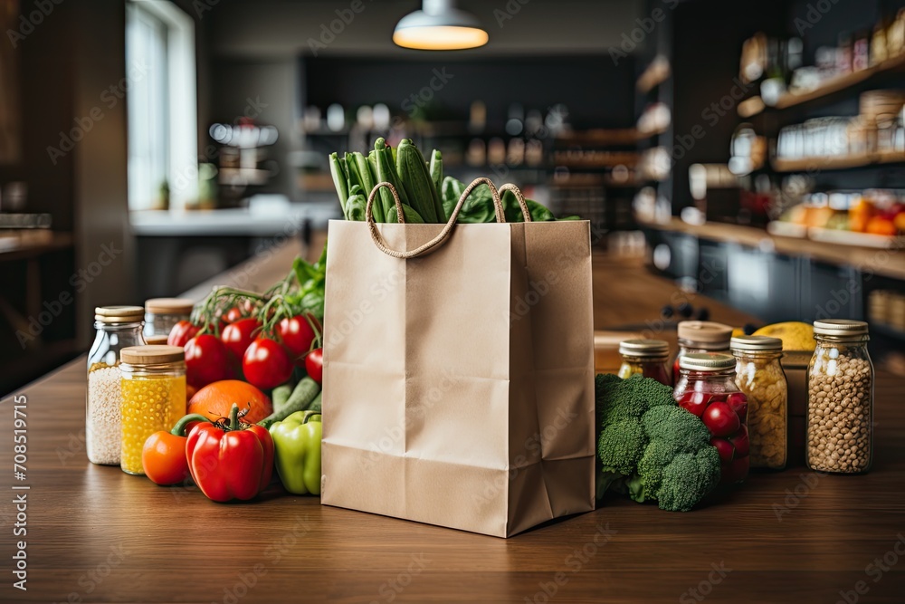 Paper bag with healthy food. Vegetarian food. Healthy food background. Supermarket food concept. Asparagus, cheese, fruits, vegetables, avocados and mushrooms. Shopping at supermarket. Home delivery Paper bag with healthy food. Vegetarian food. Healthy food background. Supermarket food concept. Asparagus, cheese, fruits, vegetables, avocados and mushrooms. Shopping at supermarket. Home delivery