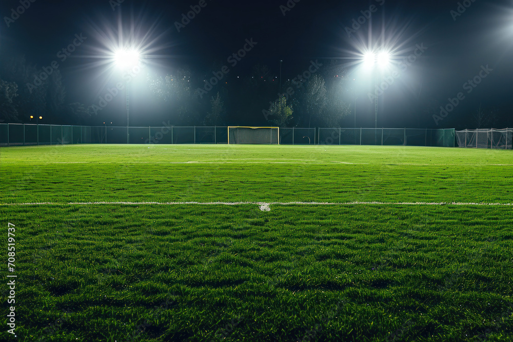 Soccer field at night with lights and grass in the foreground.