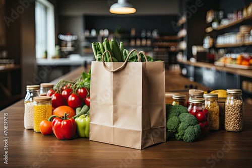 Paper bag with healthy food. Vegetarian food. Healthy food background. Supermarket food concept. Asparagus, cheese, fruits, vegetables, avocados and mushrooms. Shopping at supermarket. Home delivery photo