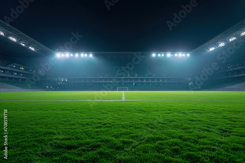 Evening football stadium with bright lights and green grass, soccer field