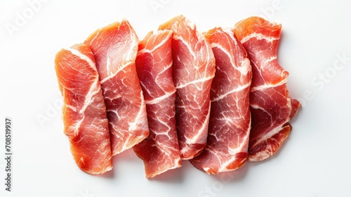 sliced raw pork meat isolated on white background. Top view. Flat lay