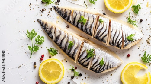 Slices of tasty salted mackerel served on white table, flat lay photo