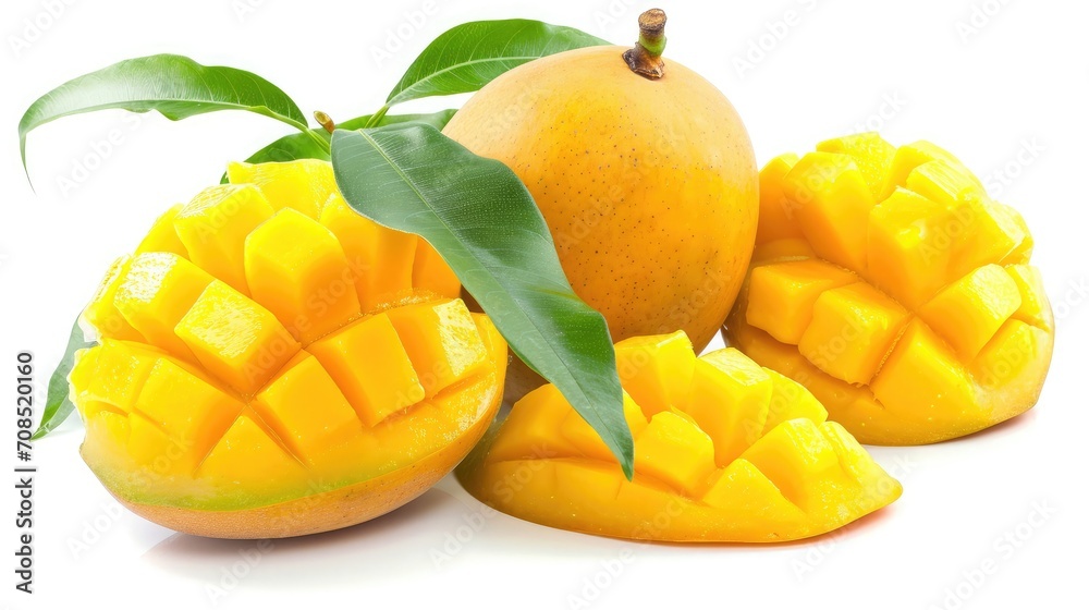 Ripe yellow Mango with cut in half and green leaf isolated on white background. Ripe yellow Mango with cut in half and green leaf isolated on white background.