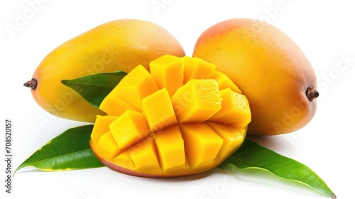 Ripe yellow Mango with cut in half and green leaf isolated on white background.