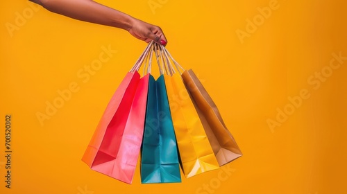Sale offer. Black Friday. Shopping discount. Closeup of Afro woman hand holding purchase bags