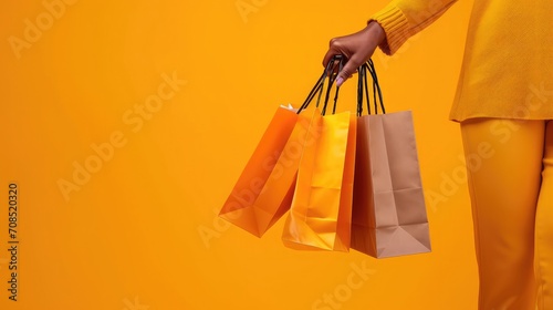 Sale offer. Black Friday. Shopping discount. Closeup of Afro woman hand holding purchase bags