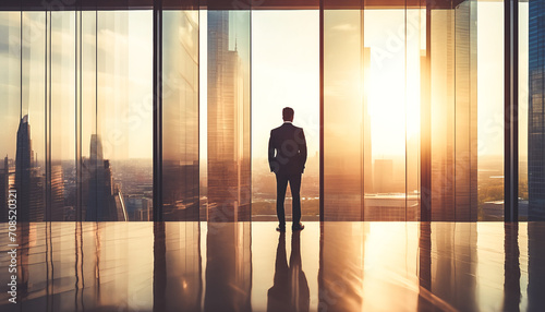 Back view of a businessman in office standing in front of a skyline of a modern city at golden hour. photo