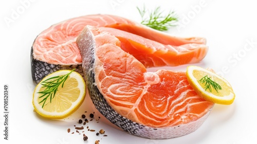 salmon, trout, steak, slice of fresh raw fish, isolated on white background