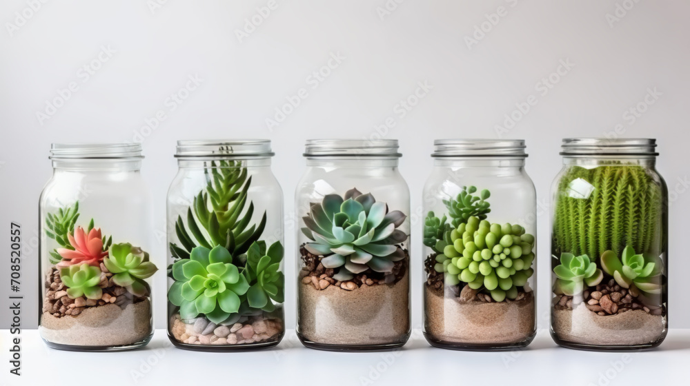 Succulent plants in jars lined up side by side Succulent plants in jars lined up side by side