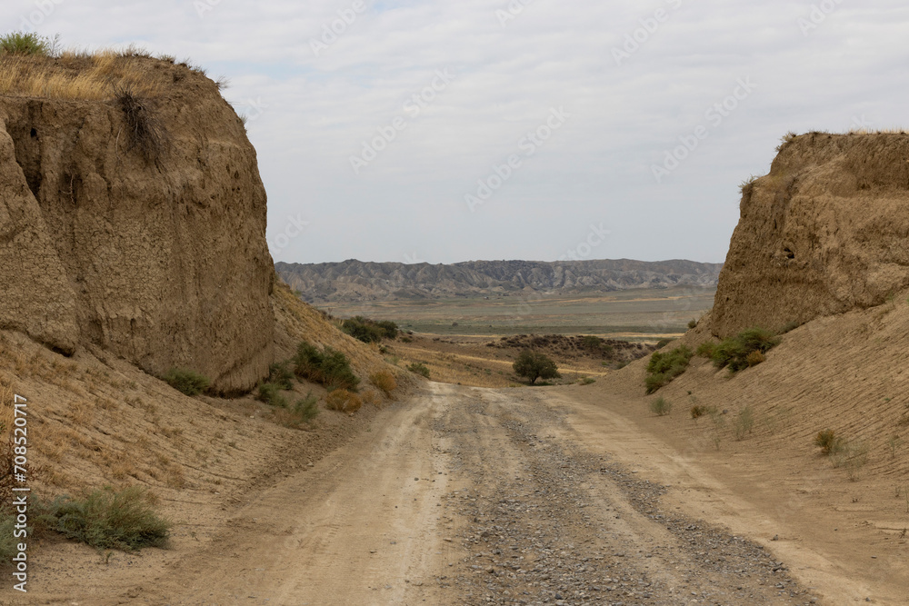 Landscape of Vashlovani national park in Georgia with dirt road in semi-desert