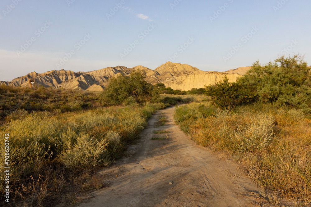 Dirt road desert landscape in Vashlovani national park mountains of Georgia with dry nature