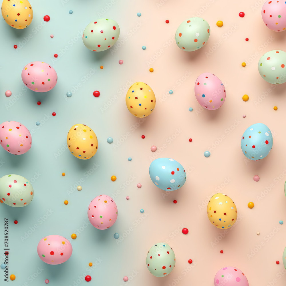 Traditional pastel colored and dotted Easter eggs.