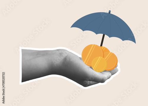 Hand with money and umbrella. Contemporary collage for financial theme. Vector illustration