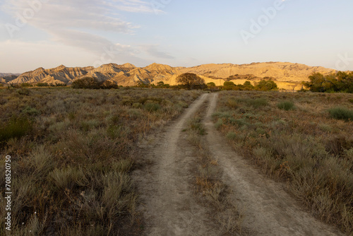 Dirt road desert landscape in Vashlovani national park mountains of Georgia with dry nature