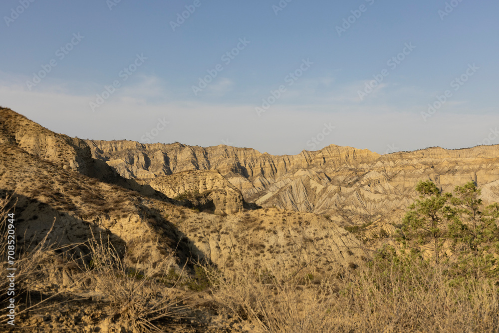 Georgian mountains in Vashlovani national park with semi-desert landscape of cliffs and dry sandstone
