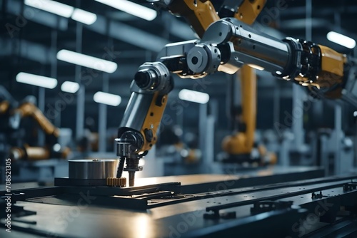An HD photograph showcasing the precise movements of a robotic arm in an automated assembly line.