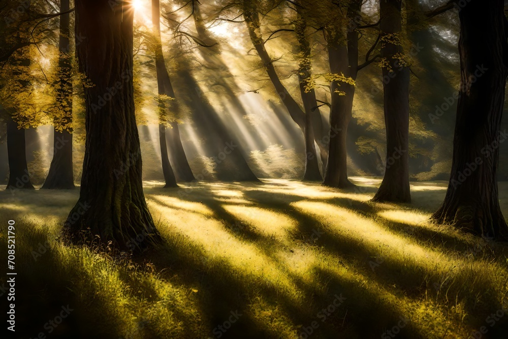 A magical scene of a grassy field surrounded by towering trees, with sunlight streaming through the branches, casting enchanting shadows.