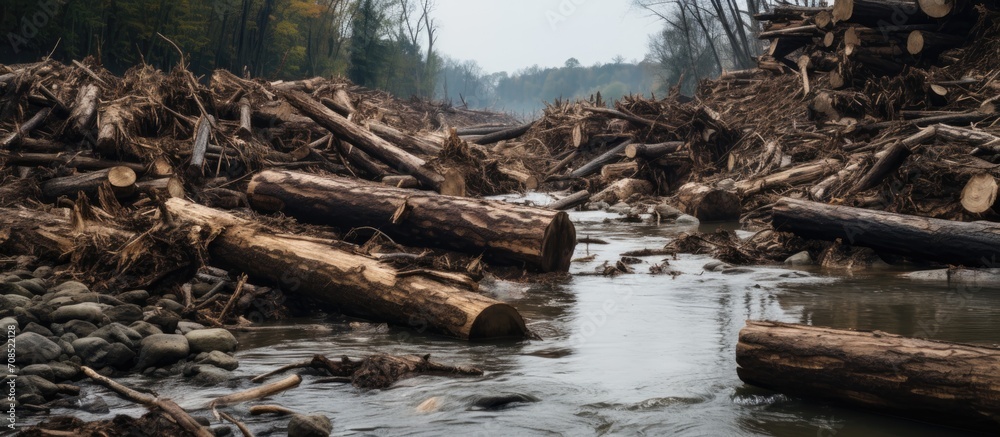 Log jam on a river obstructed with debris.