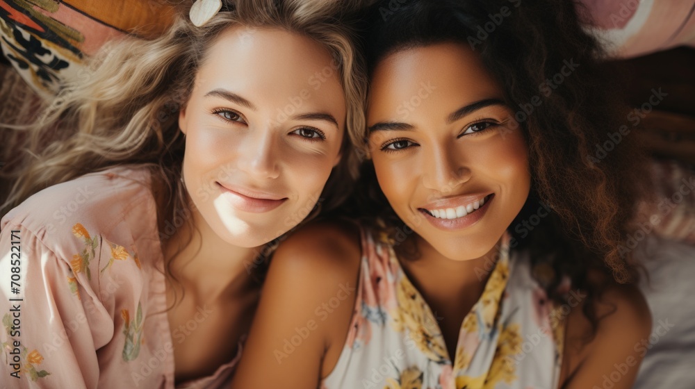 Two beautiful women with different skin tones smiling at the camera