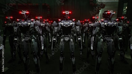 3d rendering of robotics army, industrial group of cyborg machines on factory background. Futuristic AI robotic team, artificial intelligence technology concept.