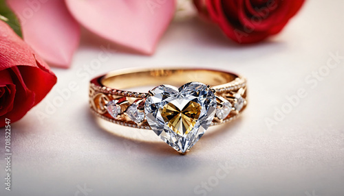 Elegant heart-shaped diamond ring with red roses 